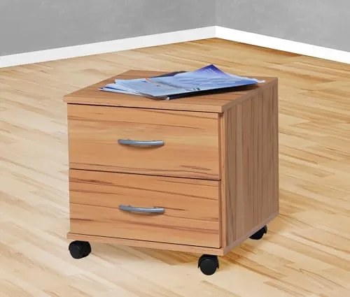 Möbeldesign Team 2000 Rollcontainer Bürocontainer - Kernbuche Rollcontainer mit 2 Schubladen auf Metallschienen, perfekt für effiziente Büroorganisation und mobil durch schwarze Kunststoffrollen.