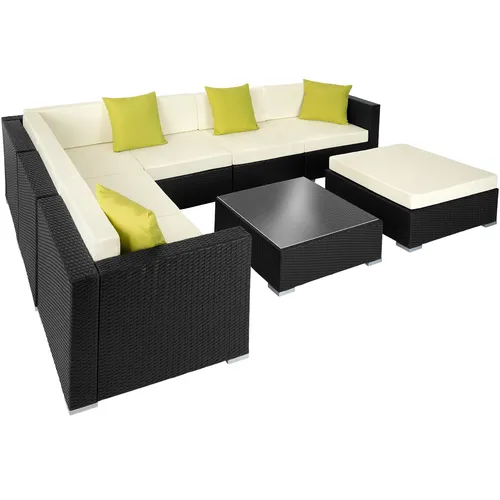 tectake® Poly Rattan Lounge Set für 6 Personen - Wetterfestes Gartenmöbel Set mit robustem Polyrattan-Geflecht, 10 cm dicken Kissen und flexibler Anordnung für individuellen Komfort im Garten oder auf der Terrasse.