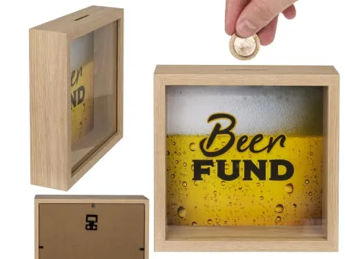 Holz-Spardose, Beer Fund, im Rahmen, ca. 20 x 20 cm