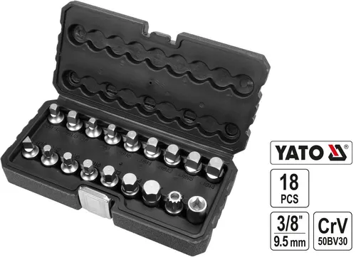 YATO Öldienstschlüssel Satz 18tlg. für Ölwechsel - Werkzeug-Set mit 18 Steckschlüsseln zur Demontage von Ölwannen-Ablassschrauben, ideal für viele Automarken. Praktischer Koffer für einfache Organisation.
