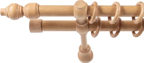 SN Deco Stilgarnitur Vorhangstange Filigrano, Holz, 28mm, 2-Lauf, 120cm, Eiche - Elegante 2-läufige Vorhangstange aus stabilem Massivholz mit 28 mm Durchmesser. Ideal für leichte bis mittelschwere Vorhänge. Komplettset mit Ringen und Wandträgern für einfache Montage.