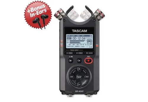 Tascam Audio-Recorder DR-40XP + Bonus In-Ear Kopfhörer - Schwarz - Der Tascam DR-40XP ist ein kompakter 4-Spur-Audio-Recorder mit hochwertiger 32-Bit-Float-Aufnahme. Ideal für Musiker und Filmemacher, bietet er vielseitige Anschlussmöglichkeiten und eine lange Batterielaufzeit.