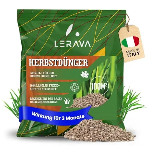 LERAVA® Herbstdünger Rasen (100m²) – Hochwertiger Rasendünger Herbst für dichten, grünen Rasen – Regeneriert nach Sommerhitze I Stärkt Wurzeln & Rasengesundheit – Ideal für Rasenpflege im Herbst