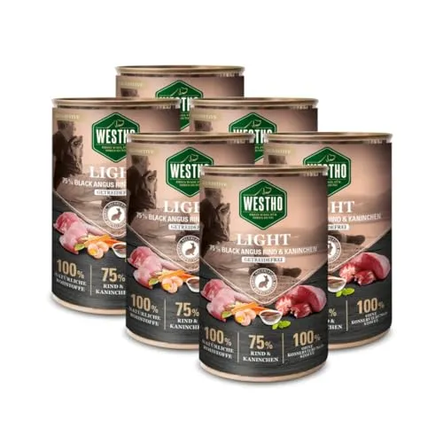 WESTHO Nassfutter Light (6 x 400g) | 75% Black Angus Rind & Kaninchen in Lebensmittelqualität | Getreidefrei | Für ältere und zu Übergewicht neigende Hunde