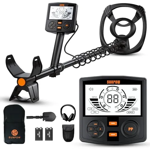 SUNPOW Metalldetektor – 5 Modi Profi für Erwachsene, Pinpointer, IP68 wasserdichte 30 cm Suchspule, 2X HD-LCD Display, DSP-Chip, Verstellbarer Schaft, Robuste Spiralstruktur, Komplettes Set-OTMD14