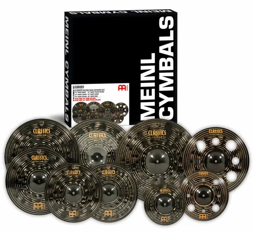 Meinl Classics Custom Dark Expanded Set - Becken-Set aus B10 Bronze mit kraftvollen Sounds, ideal für Heavy-Musik. Enthält Hi-Hat, Crashs, Ride und gratis Splash-Becken für vielseitige Klangerlebnisse.