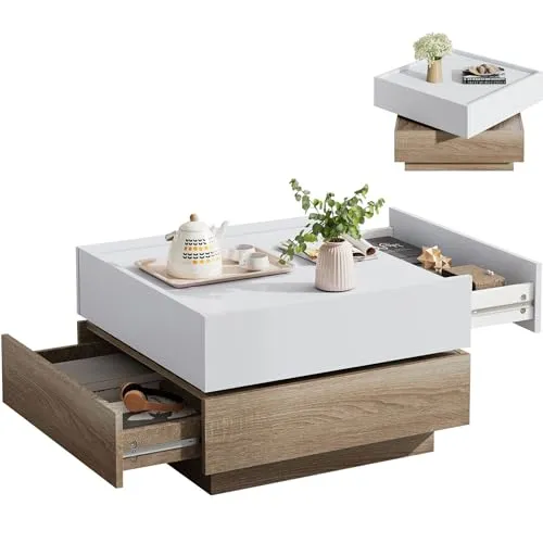 Couchtisch mit 360° drehbarer Tischplatte - Stylischer Couchtisch mit drehbarer Ober-Tischplatte und zwei grifflosen Schubladen für flexiblen Stauraum. Ideal für moderne Wohnräume!