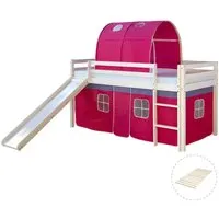 Homestyle4u Hochbett 90x200 mit Vorhang, Lattenrost, Rutsche und Tunnel in Weiß - Betten: Hochbett mit 75 cm Platz darunter für Spielzeug und Sitzgruppen, inklusive abnehmbarem Vorhang und sicherer Absturzsicherung – ideal für Kinderzimmer!