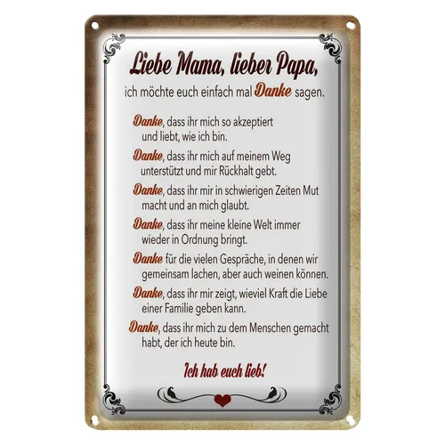 Blechschild Spruch 40x30cm Mama Papa hab euch lieb danke