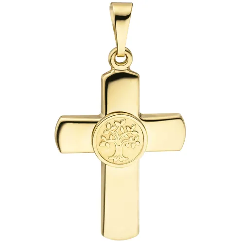 Anhänger Kreuz mit Lebensbaum 333 Gold Gelbgold teilmatt - Eleganter Anhänger aus 8 Karat Gelbgold mit Lebensbaum-Motiv, perfekt als stilvolles Schmuckstück für jeden Anlass. Ideal für persönliche Geschenke oder zur Bereicherung Ihrer Schmucksammlung.