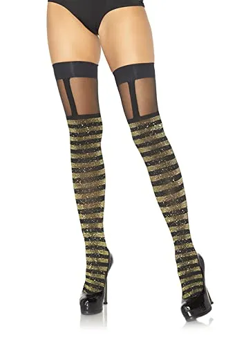 LEG AVENUE Damen Lurex Striped Strumpfhose, Black, Gold, Einheitsgröße EU