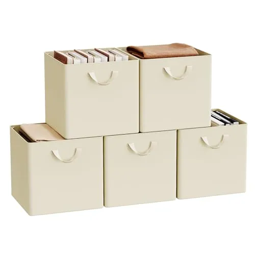 WOLTU Faltschachteln, Set aus 5 Stück, Stoffschachteln mit Griffen und Metallrahmen, Aufbewahrungswürfel für Wohnzimmer, Schlafzimmer, Büro, Mehrzweck, Creme, 32,5x32,5x31cm