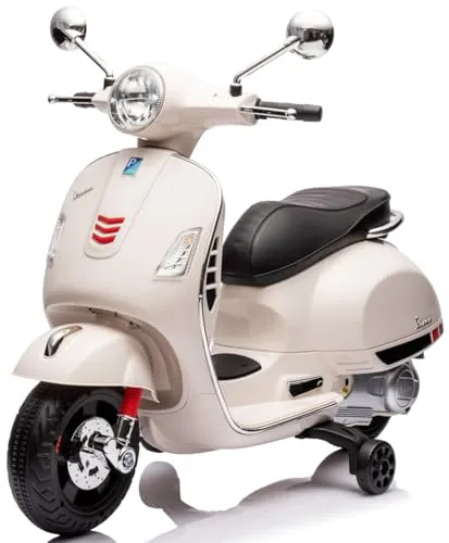 Vespa Elektro Kindermotorrad ab 3 Jahren mit Kunststoffräder und -sitze, MP3-Player, USD MicroSD AUX-Anschluss. Elektroroller, Kinderroller (Weiß - Ohne Koffer)