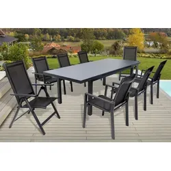 OUTFLEXX Premium Garten-Essgruppe, OUTFLEXX® anthrazit matt, Alu/Textilene, Tisch 180/240x100cm, 6 Stapel-, 2 Klappstühle