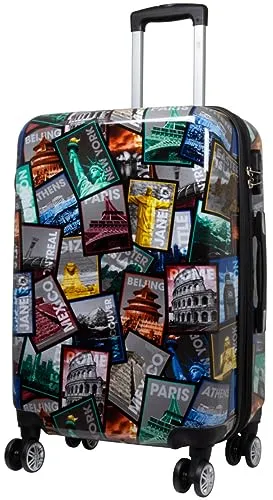 Warenhandel König – Koffer Mehrfarbig Touristenattraktionen 3: L - Handgepäck mit 100% Polycarbonat, stylischem Design, Dehnfalte zur Volumenvergrößerung und 4 leichtlaufenden 360° Rädern für müheloses Reisen.