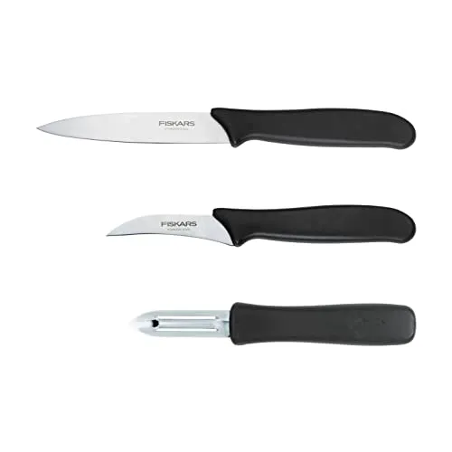 Fiskars Schäl-Set, 3-teilig, Schälmesser (11-cm-Klinge), Gemüsemesser (7-cm-Klinge), Sparschäler (7-cm-Klinge), Essential, Edelstahl / PP-Kunststoff, Schwarz, 1065600