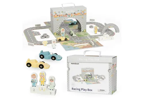 Mamabrum Holz-Rennbahn für Kinder im Magnetkoffer - Praktischer Magnetkoffer mit einer bunten Holzrennbahn und Fahrzeugen. Fördert die Kreativität und motorischen Fähigkeiten der Kinder. Ideal für unterwegs und einfach aufzubewahren!