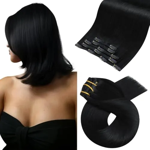 Moresoo Clip in Extensions Echthaar Schwarz Doppelt Tressen Echthaar Extensions Clip Glatt Dick Haare Pechschwarz #1 Remy Haarverlängerung Echthaar Clip Voller Kopf 5 Tressen 70g 35 cm