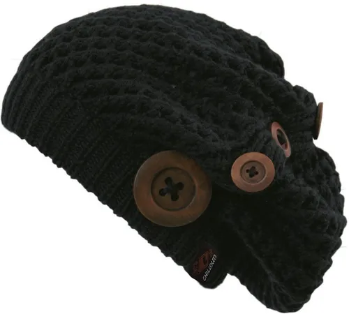 chillouts Strickmütze Nelly mit Knöpfen schwarz - Stylische Strickmütze Nelly in Schwarz mit Knöpfen. Ideal für kühle Tage, bietet sie Wärme und Komfort in einer Einheitsgröße.