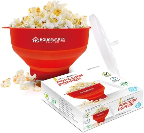 Collapsible Silicone Microwave Hot Air Popcorn Popper Bowl with Lid and Handles (Red)