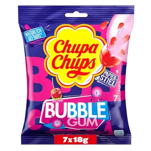 Chupa Chups Lutscher Multi, Maxi Bubble Gum, Nachfüll-Beutel mit 7 Lollipops, erfrischend-süßer Bubble-Gum-Geschmack, geeignet für Geburtstag, 7 x 18g