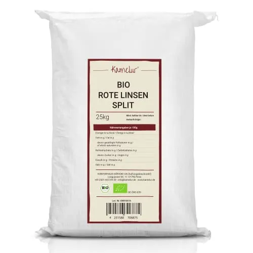Kamelur 25kg BIO rote Linsen Split getrocknet – getrocknete Hülsenfrüchte BIO ohne Zusätze – getrocknete Linsen rot in der Großpackung