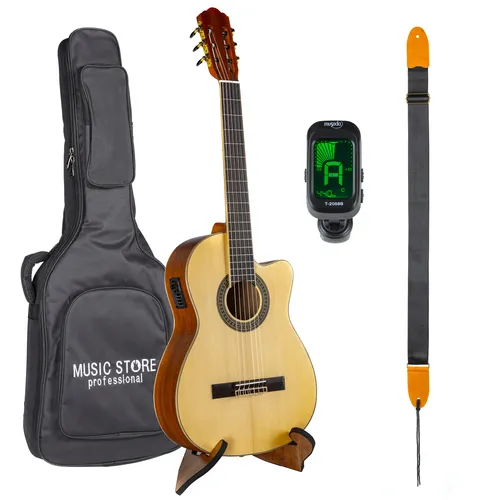 Almeria Classic Bundle III Konzertgitarre Set für Anfänger - Umfassendes Konzertgitarren-Set mit 4/4-Gitarre, Cutaway, Tonabnehmer, Gigbag, Ständer und Stimmgerät. Perfekt für Einsteiger und Fortgeschrittene - alles für den sofortigen Spielspaß!