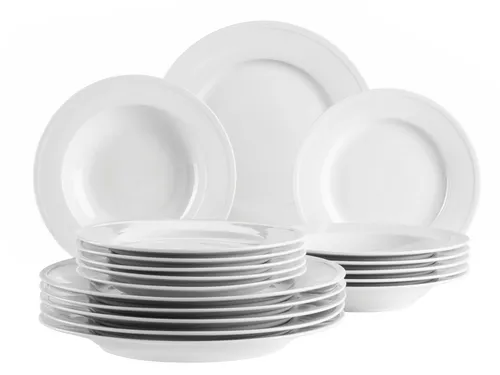 Mäser Porzellan Tellerservice Arlona - Essservices mit zeitloser Eleganz: Das weiße Porzellan Tellerservice „Arlona“ von Mäser besticht durch außergewöhnliche Randformen und ist pflegeleicht, alltagstauglich sowie spülmaschinen- und mikrowellengeeignet.