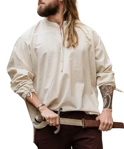 Leonardo Carbone® Mittelalter Hemd Bartholomeus - Mittelalter Kleidung, Mittelalter Hemd Herren, LARP-Kleidung, Festival Outfit Herren, Karneval Kostüm, Freizeithemden Langarm Natur XL