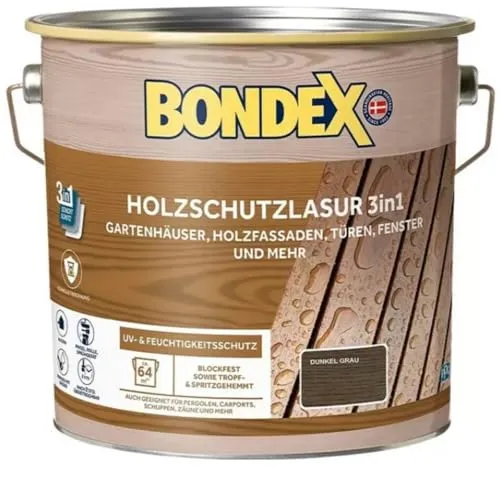 Bondex Holzschutzlasur 3in1 4L - Dunkelgrau Wetterschutzlasur für Außen - Lasuren: 3-in-1 Schutz für Holz im Außenbereich, schnelltrocknend, wasserdicht und tropfgehemmt für langanhaltenden Wetterschutz.