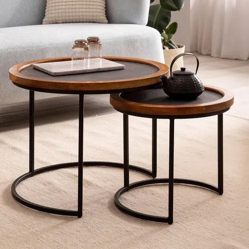Couchtisch 2er Set Rund Holz / Steinoptik - Elegantes 2er Set runder Couchtische in modernem Design. Handgefertigt mit natürlicher Holzmaserung und stilvoller Steinoptik. Ideal für jedes Wohnzimmer und vielseitig einsetzbar.