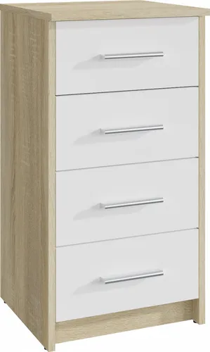 MATKAM Kommode Bodo 4S – Elegante Aufbewahrungslösung - Stilvolle Kommode mit vier Schubladen, ideal für jeden Raum. Strapazierfähige, pflegeleichte Oberfläche in Sonoma Eiche mit weißer Front und stabilen Metallführungen.