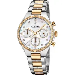 Festina Damen Chronograph F20402/1 - Elegante Quarz Uhr mit Edelstahl Armband - Armbanduhren für Damen, stilvoll mit Perlmutt-Ziffernblatt und funkelnden Zirkonia, perfekt für besondere Anlässe und den täglichen Gebrauch.