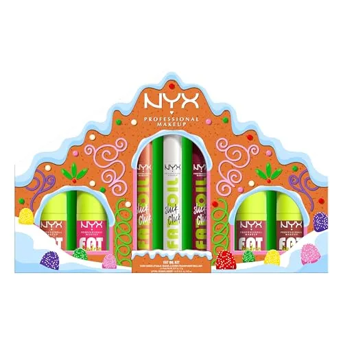 NYX Professional Makeup Fat Oil Gingerbread House Kit – Lippen Set für die Feiertage - Entdecken Sie das festive Fat Gingerbread House Kit von NYX mit 7 beliebten Fat Oils für bezaubernde Lippenlooks. Perfekt für Feiertage und als Geschenk!