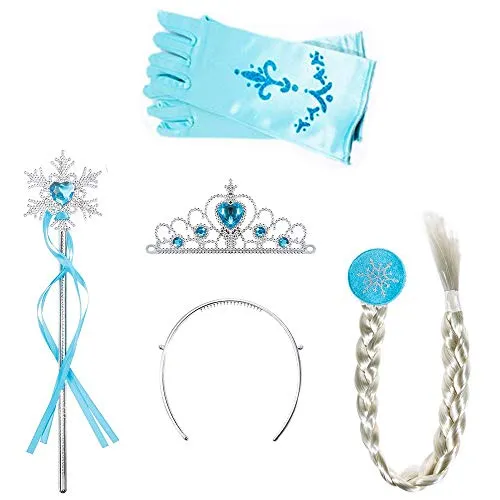 Amacoam Set 4 Stück Eiskönigin ELSA Zubehör Set Verkleidung Mädchen Prinzessin Krone Haarreifen Zopf Zauberstab Handschuhe Prinzessin Kostüme Zubehör Eisprinzessin Verkleidungsset (Hell Blau)