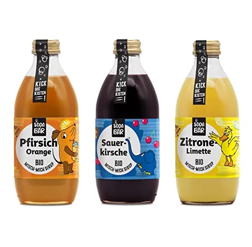 SodaBär | Bio Sirup Set Maus > Pfirsich Orange | Sauerkirsche | Zitrone-Limette > bis zu 12l Getränk mischen, 100% Bio, 100% lecker und 100% Maus
