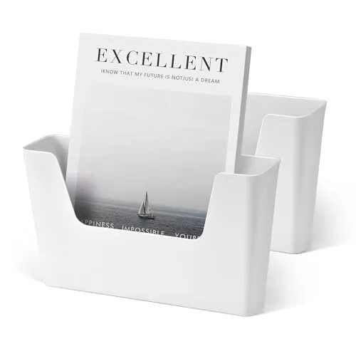 YOHOM Zeitungshalter Wand Zeitschriftenhalter Prospekthalter Wand Briefhalter Wandprospekthalter A4 mit 2 Montagearten (Kleben/Bohren) Ablagefächer Wand für Dokumente, Magazine, Bücher Weiß 2 Stück