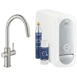 Grohe Starter-Kit BLUE HOME Spültischbatterie C-Auslauf supersteel - Armaturen mit integrierter Filtrationsfunktion für gefiltertes, gekühltes Wasser direkt aus der Küchenarmatur – ideal für gesundheitsbewusste Haushalte.