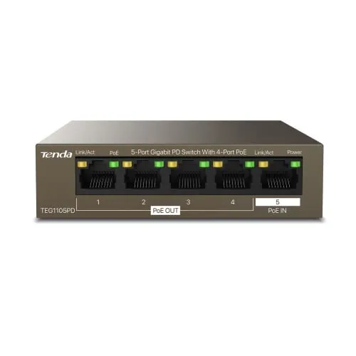 Tenda TEG1105PD, 5-Port-Gigabit-PoE-Switch mit 4 PoE-Ports, nicht verwalteter Desktop-Heimnetzwerk-Hub, Ethernet-Splitter, PSE- und PD-Design, stabiles Metall und lüfterlos, begrenzter lebenslanger