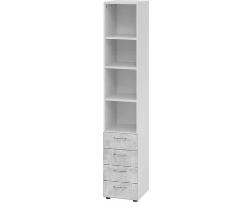 Regal 6OH mit 4 Schüben, Grau/Beton - Büroschrank mit 4 Schubkästen und höhenjustierbaren Sockelgleitern für optimale Stabilität, ideal für die Aufbewahrung von Büromaterialien.