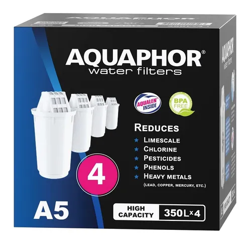 AQUAPHOR A5 Filterkartusche 4er Pack - für sauberes Trinkwasser - Wasserfilter, 4er Pack für AQUAPHOR Modelle, filtert bis zu 350 Liter, entfernt Kalk, Chlor und Schwermetalle für frisches, leckeres Wasser.