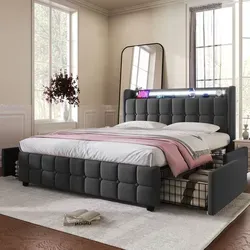 Flieks Polsterbett mit LED-Beleuchtung 180x200cm - Stylisches Doppelbett mit 4 Schubladen und praktischer Ladefunktion, ideal für modernen Komfort und optimalen Stauraum.