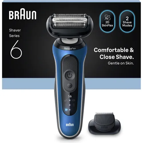 Braun Series 6 62-B1200s Wet&Dry Folienrasierer - Herrenrasierer mit Wet&Dry Funktion für eine sanfte Rasur unter der Dusche. In elegantem schwarz/blau und mit Präzisionstrimmer für individuelle Konturen.