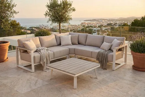 furrore Gartenlounge-Set STELVIO CAFFE für 4-6 Personen, 4-teilig, Beige - Das furrore Gartenlounge-Set STELVIO CAFFE bietet Platz für 4 bis 6 Personen und überzeugt mit seinem eleganten Design aus pulverbeschichtetem Aluminium und modernem Seilgeflecht. Ideal für entspannte Stunden im Freien.