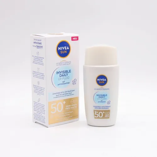 Nivea Sun invisible daily UV-Fluid LSF 50+ (40ml) - Sonnenschutzmittel mit hohem Lichtschutzfaktor 50+, wasserfest und ideal für alle Hauttypen. Schützt das Gesicht vor UV-Strahlen und bietet antioxidativen Schutz.