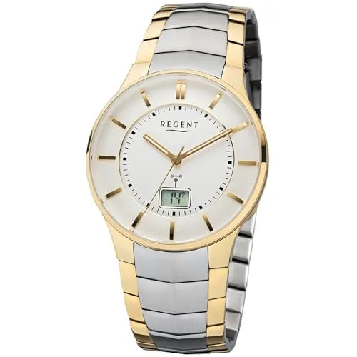Regent Herren Funkuhr FR-213 - Edle Analog-Digital Uhr mit Datumsanzeige - Hochwertige Herren Funkuhr aus Edelstahl mit gelbgold plattiertem Armband, wasserdicht bis 5 ATM und praktischer digitaler Datumsanzeige für den modernen Mann.