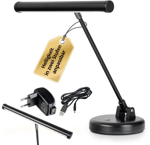 Showlite KW LED Pianoleuchte Schwarz - Zubehör für Tasteninstrumente mit 15 extrem hellen LEDs, 2 Helligkeitsstufen und flexibler Stromversorgung über Batterien oder USB-Netzteil.
