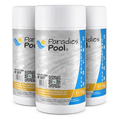 Paradies Pool Chlortabletten 20 g - Organische Desinfektion für Pools - Chlor für Schwimmbecken, schnell löslich und ideal zur Desinfektion. Inhalt: 3 kg für sauberes Wasser über Dosierschwimmer oder Skimmerkorb.