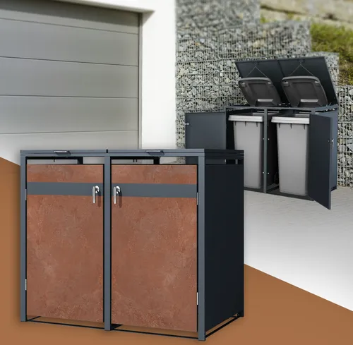 ML-Design Mülltonnenbox 2er, Anthrazit-Rostoptik - Mülltonnenbox für 2 Tonnen (240L) aus wetterfestem Stahl/Cortenstahl, mit cleverem Zugseilsystem für müheloses Entsorgen und eleganter Optik im Garten.
