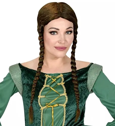 W WIDMANN MILANO Party Fashion 59981 - Perücke Greta, 2 geflochtene Zöpfe, braun, Flechtfrisur, Langhaarperücke